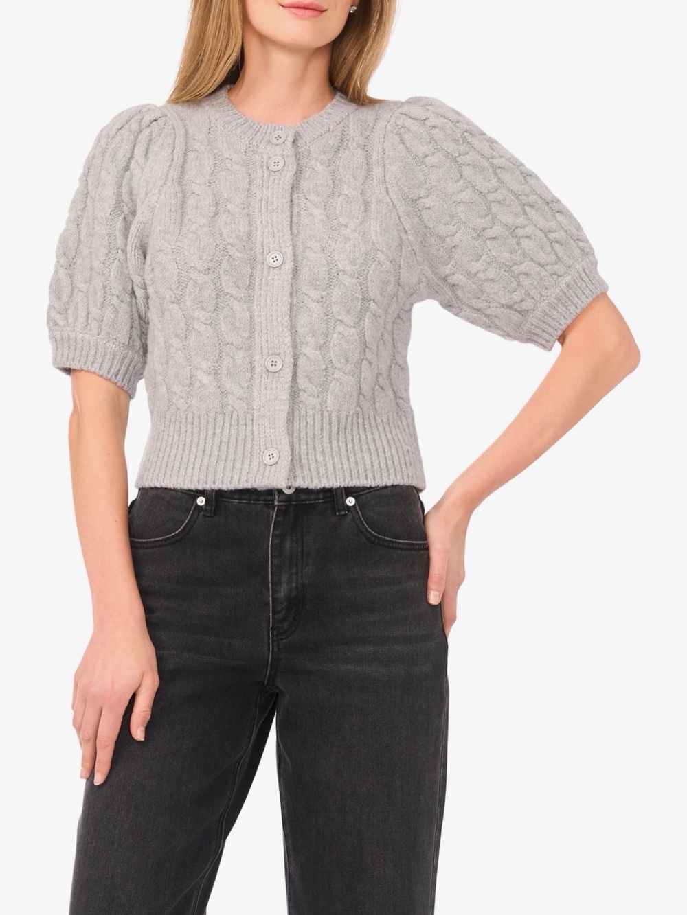 Halogen Light Gray Cable-Knit Puff Sleeve Cropped Cardigan